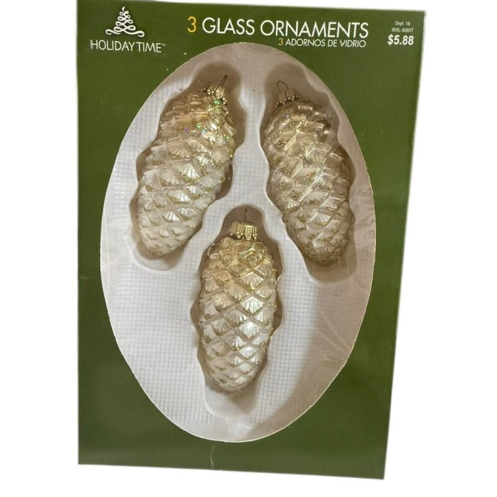 Holiday Time 3 Glass Ornaments Pine Cones White Gold Made in Germany